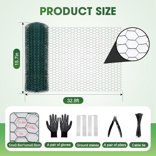 Chicken Wire for Floral Arrangements,16 in x 32.8 ft Green Chicken Wire Mesh Roll, Galvanized Hexagonal Floral Chicken Wire Garden Netting for Outdoor Plants, Chicken Wire Fencing for Poultry, Garden - size: 16x294 inch