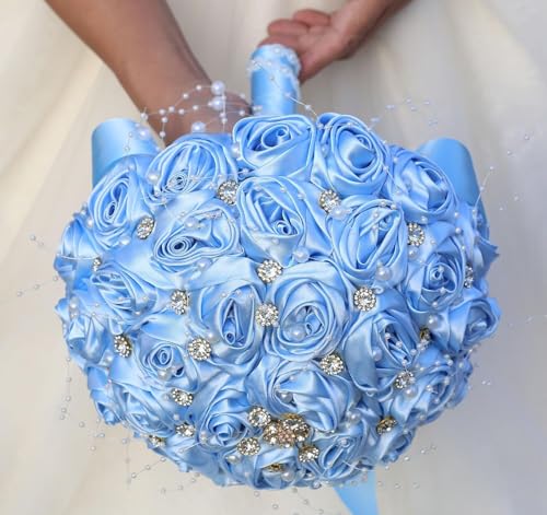 Ujicde Romantic Wedding Bouquet Bridal Bridesmaid Round Bling Brooch Bouquet Throw Toss Artificial Rose Flower Bunch with Sparkle Rhinestone Crystal Decoration(Light Blue,Dia. 6.3"*16cm) - color: Light Blue, size: Dia. 6.3"*16cm