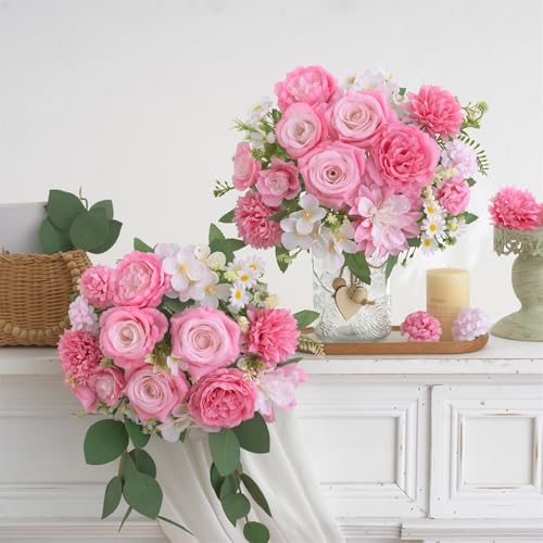 4 Pcs Mixed Artificial Flowers Set, Small Artificial Peony Bouquet Fake Rose Flower Silk Floral Arrangements for Table Centerpiece Home Wedding Party Bridal Decoration(Pink, 2 Bouquets & 2 Stems) - color: Light Pink, size: Mixed 4pcs