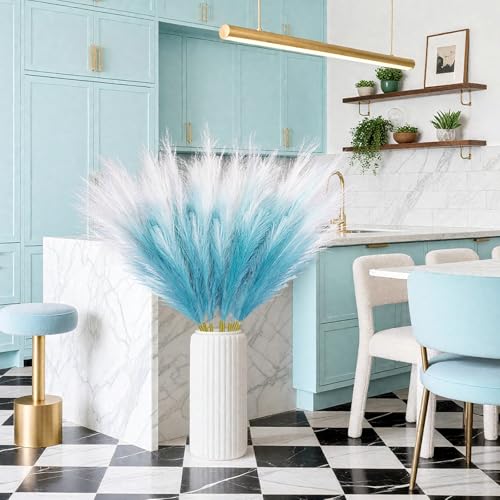 TORONTOKYO 8Pcs Blue Faux Pampas Grass Tall Decor, 35.4” Fluffy Artificial Pompous Grass Branches, Large Pampas Grass Reed Stems for Floor Vase Filler, Wedding, Baby Shower, Home Boho Decor - color: Blue, size: 35.4inch-8Pcs