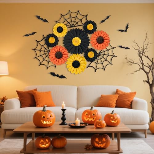 Paper Jazz Halloween Paper Flowers Decorations for Wall, 3D Halloween Decorations Indoor with Bats and Spider Webs for Window,Fall Home Decor for Bathroom,Kitchen. - color: Halloween Daisy