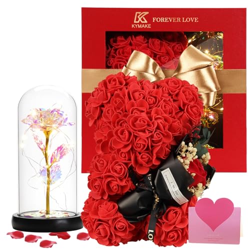 Mothers Day Rose Bear Gifts for Mom，Valentines Day Rose Gifts for Women Rose Bear for Wife + Romantic Greeting Card + Delicate Flower Lamp from Daughter & Son - color: Red