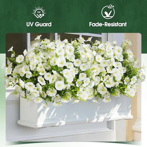 Artificial Morning Glory UV Resistant 36 pcs White Spring Artificial Flowers Outdoors, Realistic Faux Silk Morning Glory Fake Morning Glory Plants for Garden Porch Planters Window Wedding Decor - color: White（with Green Ferns）, size: 36 pcs