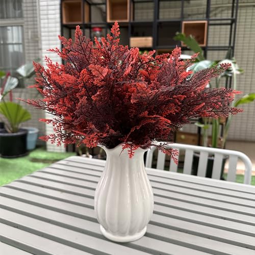 PASYOU Artificial Fern Plants, Fake Ferns Shrub Plant Plastic Greenery Faux Grass Leaf Stems Boston Leaves for Outdoor Indoor Home Garden Décor Party Office Wedding DIY Decoration Red 4 Pack - color: Red Fern Shrubs - 4 Pack