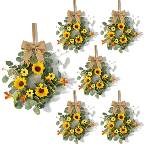 6 Pcs Summer Sunflower Mini Hanging Wreaths for Cabinets Artificial Small Candle Ring Wreaths with Daisy Flower and Eucalyptus Leaves for Home Kitchen Front Door Window Farmhouse Porch Wall Decor - color: Yellow