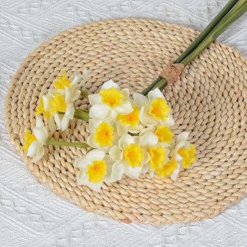 XIYUAN 6 Bundles Daffodils Artificial Flowers 20inch Lifelike Real Touch Narcissus Spring Flowers PU Fake Daffodil Flower Home Indoor Outdoor Wedding Table Party Decor (White)