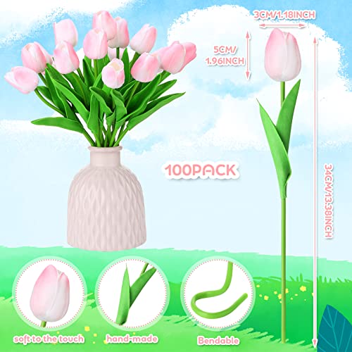 Jexine 100 Pcs Artificial Real Tulips Fake Artificial Tulip Flower Bulk Bouquet with Stem for Table Centerpieces Wedding Bridal Easter Mother's Day Garden Home Decor, 13.4''(Pink) - color: Pink