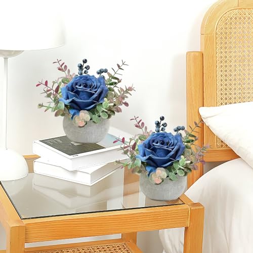Artificial Flowers in Pots, Blue Rose Small Potted Plants Fake Flowers in Vase Blue Table Decor for Office Bathroom Living Room Party Wedding - color: 1 Pack Blue Rose