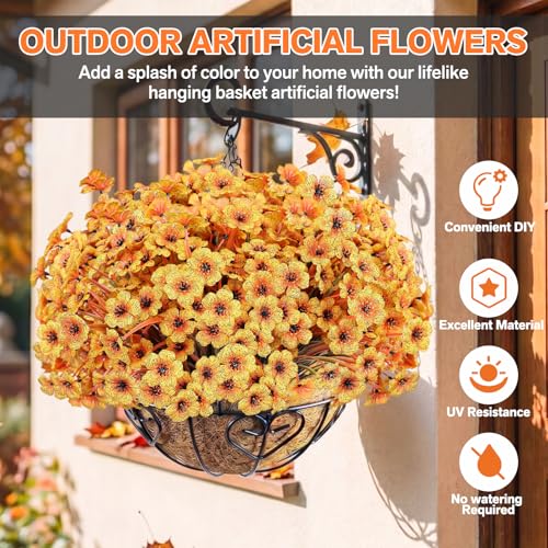 22 Pack Artificial Flowers Outdoor Fake Plants, Faux Flowers UV Resistant with Plastic Plant, Faux Silk Flowers for Outdoors Outside Front Porch Hanging Planter Window Garden Decoration(Autumn Yellow) - color: Autumn Yellow, size: 22 Bundles