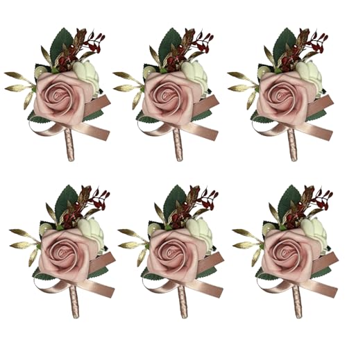 6PCS Pink Boutonniere for Men,Dusty Rose Boutonniere Pins for Men Groomsmen Guest, Artificial Flowers for Wedding Decor Prom Homecoming - color: Dusty Rose
