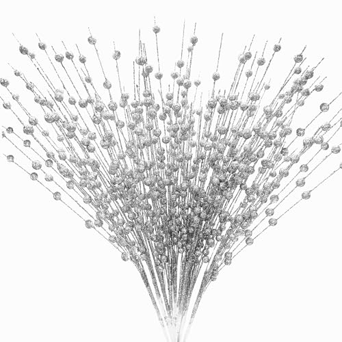 Artificial Berries Stems Ornaments 17 Inch, Sparkling Christmas Tree Picks, Glittery Berry Stems Fake Plant Picks and Branches for Xmas Wreath Ornaments Holiday Home DIY Decor - Silver 10 Pack - color: Glitter Berries Stems Sticks - Silver 10 Pcs