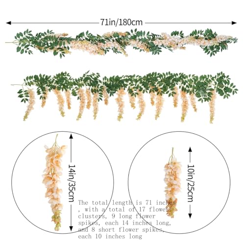 1pc/2pcs Encrypted Flower Vine Wisteria Artificial Flowers Garland,White Wisteria Hanging Flowers Garland Decorations for Home Garden Outdoor Ceremony Wedding Arch Decoration (Champagne Color, 2pcs) - color: Champagne Color, size: 2pcs