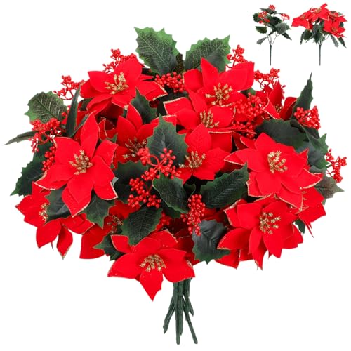 Suncalla 12 Pcs Artificial Poinsettia Bouquet 7 Heads Poinsettia Bush Christmas Flowers Holly Berry Stems with Red Berries Holly Leaves for Home Porch Garden Indoor Outdoor Holiday Xmas Decorations
