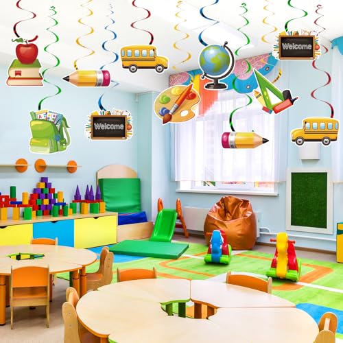 24Pcs Classroom Hanging Decorations, Welcome Back to School Party Ceiling Streamers Cutouts, Bright Hanging Swirls for Elementary Classroom Office First Day of School Teacher's Day Ceiling Decorations - color: Yellow-1