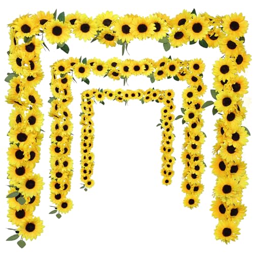 Coferset 30 Blooms Artificial Sunflower Garland, 3Pack Realistic Sunflowers Artificial Flowers 7.5Ft Silk Fake Sunflowers Vine with Green Leaves for Baby Shower Wedding Party Garden Wall Decor - color: 3pcs