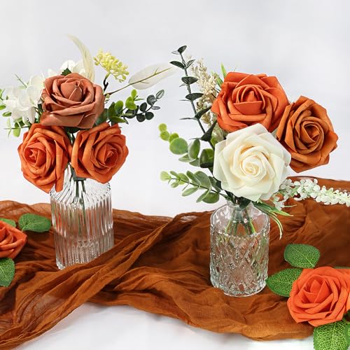 Artificial Flowers 25 Pack Orange Faux Foam Roses with Stems, Real Looking Fake Rose for DIY Wedding Bouquets, Bridal Shower Centerpieces, Party Table Decorations, Home Decor - color: Orange, size: 25Pcs