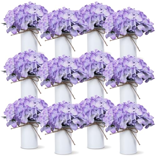 Zeyune Purple 12 Sets Wedding Flower Table Centerpieces Artificial Hydrangeas with Rustic Metal Vase Fake Hydrangea Flowers in Pot Floral Arrangement for Wedding Bridal Tea Party Table Home Decor - color: Purple