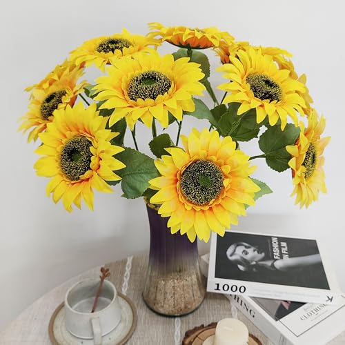 ATFL 12PCS Yellow Sunflowers Artificial Flowers, 18''Fake Silk Sunflower with Long Stem, Flower Diameter 5.1'',Artificial Sunflowers for Fall Home Decor, Baby Shower,and Cemetery Flowers Decor - size: 18"