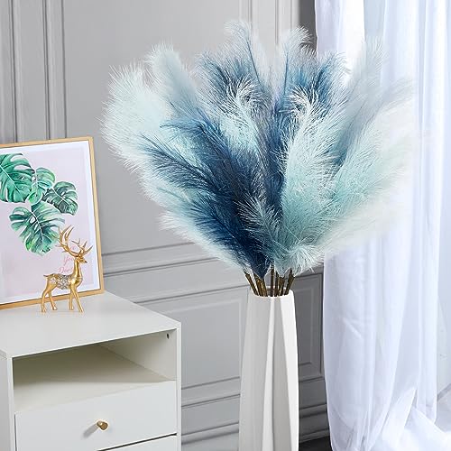9Pcs 3FT Colorful Faux Pampas Grass for Boho Decor, KALYLOC Non-Shedding Fluffy Artificial Bulrush, Tall Reed Fluffy Stems Vase Filler Living Room Wedding Decoration (Light Blue)… - color: Light Blue