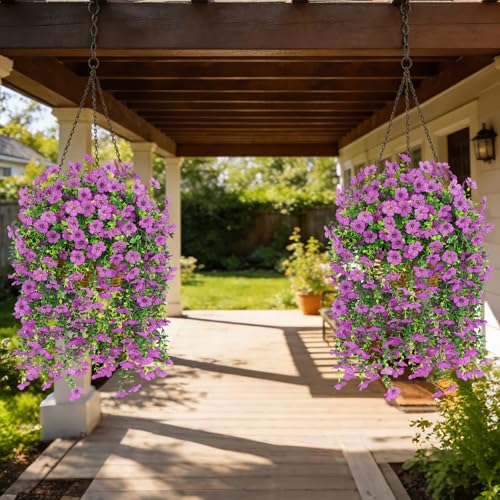4 Pcs Artificial Hanging Flowers for Outdoor, Fake Silk Daisy Flowers Spring Summer Decoration UV Resistant Faux Plants for Planter Front Door Porch Patio Balcony Yard Decor, Purlple - color: Purlple