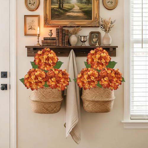 Hollyone 3Pcs Orange Hydrangea Artificial Flowers 28.7" Real Touch Large Faux Silk Hydrangeas Flowers with Stems Fake Flower for Home Wedding Floral Arrangement Centerpiece Table Vase Fall Decor - color: Orange