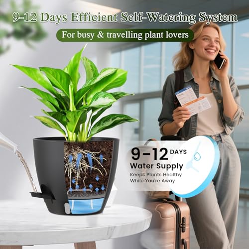 Self Watering Pots with Drainage Holes, 2 Pack 10 Inch Plant Pots with Water Level Indicator Deep Reservoir, Large Plastic Planter for Indoor Outdoor Plants - Black - color: Black, size: 10 Inch 2 Pack