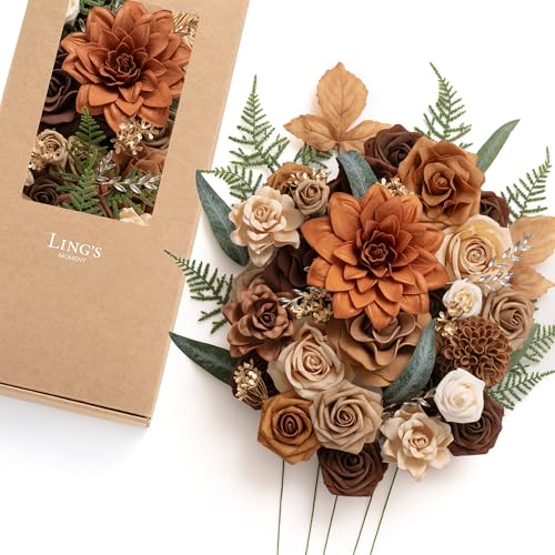 Ling's moment Artificial Wedding Flowers Combo, Fake Greenery for DIY Bouquets Centerpieces Decorations Foam Rose Hydrangea with Stems for Party Home Decor, Walnut Brown & Burnt Orange, Deluxe Combo - color: Walnut Brown & Burnt Orange, size: Deluxe