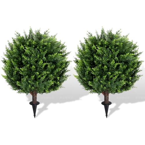22''T Artificial Cedar Topiary Ball Tree 2 Pack, Artificial Bushes Fake Plants for Outdoor, Uv Resistance Rated Great for Outdoor, Indoor, Front Door Decor - Easy to Install. - size: Plug In Artificial Ball Tree