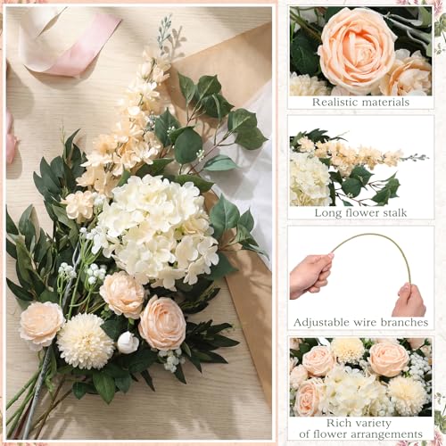 Suncalla 36 Pcs Champagne Artificial Flowers Bouquet Set 8 Kind Faux Delphinium Rose Peony Chrysanthemum Hydrangea Baby's Breath Florals with Greenery Long Stem for Wedding Table Vase Decor - color: Champagne