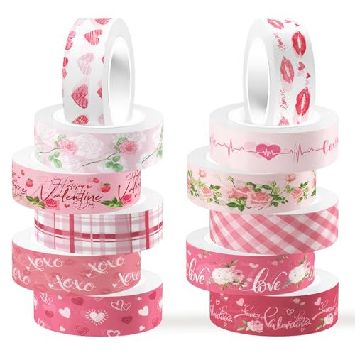 12 Rolls Pink Heart Washi Tape Set, Love Heart Cute Masking Tape Decorative Paper Tape for DIY Craft Wrapping Scrapbook Envelope Birthday Wedding Tea Party Decor,16.4FT - color: I