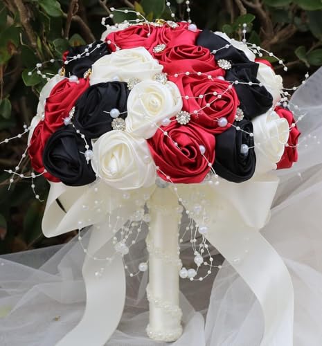 Ujicde Romantic Wedding Bouquet Bridal Bridesmaid Round Bling Brooch Bouquet Throw Toss Artificial Rose Flower Bunch with Sparkle Rhinestone Crystal Decoration(Red Black+Ivory,Dia. 6.3"*16cm) - color: Red Black+ivory, size: Dia. 6.3"*16cm