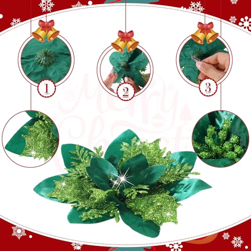 Geosar 36 Pcs Christmas Glitter Artificial Poinsettia Flowers Xmas Poinsettia Artificial Wedding Flowers Decorations Xmas Tree Ornaments with Clips for Party, 6 Inch, 4 Inch, 3 Inch(Grass Green) - color: Grass Green