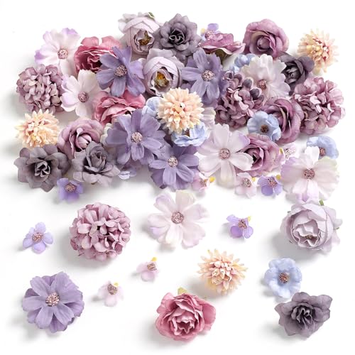 rongflower Faux Flower Heads Mini Purple Artificial Flower Heads Fake Peony Daisy Rose Flowers Multicolor Small Silk Daisy Flower Heads for Craft Garland Wedding Party DIY Home Decoration,2-4 cm - color: Purple