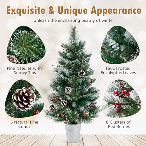 GOFLAME 3FT Prelit Artificial Entrance Christmas Tree, Indoor Outdoor Potted Xmas Tree with 20 LED Lights, Flocked Pine Needles, Eucalyptus Leaves, Red Berries, Pine Cones, 8 Light Modes, Timer - color: Green