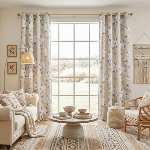 MYSKY HOME Floral Boho Blackout Curtains 54 Inch Length 2 Panels Set Black Out Thermal Insulated Room Darkening Printed Flower Grommet Window Drapes Bedroom Living Room, Pack-2, 52"W Each Panel, Khaki - color: Khaki, size: 52"W x 54"L (Pack of 2)
