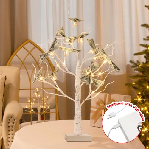 PEIDUO Money Tree, 22 Inch Gift Card Tree Holder with 6 Clips and 6 Greeting Cards, 24 Warm White Birch Tree with Lights, Christmas Tree Card Holder for Birthday Wedding Indoor Xmas Decorations - style: Money tree