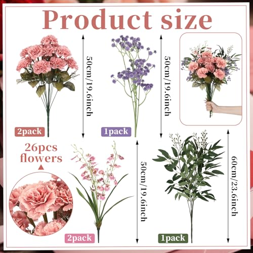 Yunlly 6 Pack 20 Inch Pink Carnations Artificial Flowers Set 26 Head Pink Carnations 2 Butterfly Orchid 1 Gypsophila Bulk Spring Artificial Flowers Bouquet for Mother's Day Easter Spring Decor