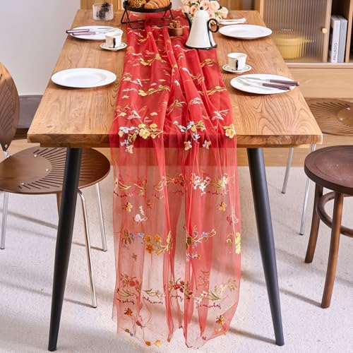 vctops 2 Packs Embroidery Lace Christmas Table Runner 10ft Floral Garden Seasonal Tulle Table Runner Holiday Kitchen Dining Table Decoration for Wedding Party Baby Shower Birthday (Red,30"x120") - color: Red