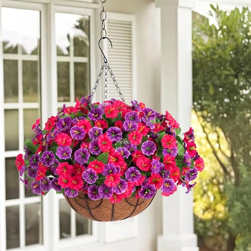 Ammyoo Artificial Fake Hanging Flowers with Basket, Faux Silk Morning Glory Flower Arrangement for Spring Summer Decor, Hanging Plant for Patio Garden Porch Outdoor Decor - color: Lotus Rose