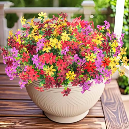 ADXORA Fake Fall Artificial Flowers for Outdoor Decoration 12 Bundles Faux Silk Mums Daisy UV Resistant Autumn Flowers for Garden Patio Porch Window Box Outdoor Indoor Decor - color: Purple,brown,yellow,red
