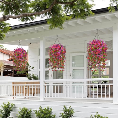 Artificial Fake Hanging Flowers Plants for Outdoor , 4PCS Faux Silk Daisy No Fade Spring Summer Decoration UV Resistant Realistic Plants plastic Flowers for Porch Patio Balcony Yard Decor(Purple Red) - color: Purplered
