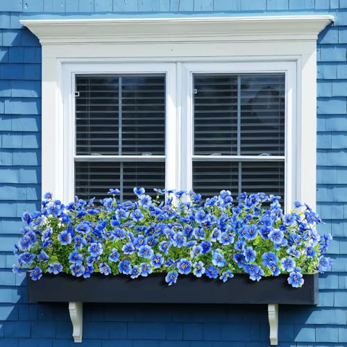 Bassion Artificial Flowers for Outdoors, 16 Bundles UV Resistant Fake Flowers Realistic Silk Faux Plants for Outdoor Planter Window Box Porch Patio Garden Home Outside Decorations - color: Blue