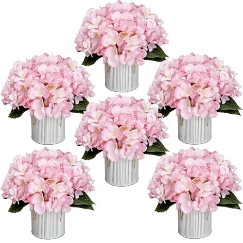 Flower Table Centerpieces - Set of 6 Floral Arrangement Artificial Wedding Hydrangeas Floral Arrangement with Rustic Metal Vase for Bridal Tea Party Event Decorations - Pink - color: Pink