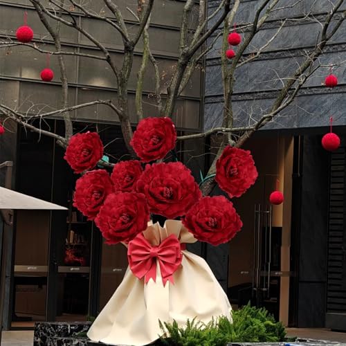 Set of 3 - Giant Red Velvet Rose Large Handcrafted Artificial Flower Props for Wedding, Home, Party, Event, Backdrop Decoration for Anniversary Birthday Valentine's Day (Red - Rose Heads Only)