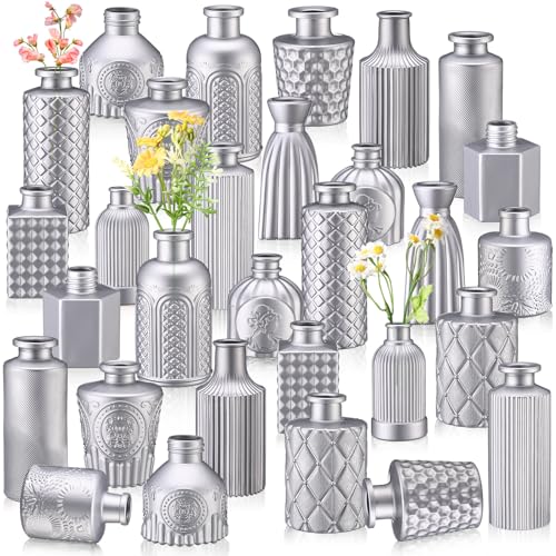 Yaomiao 30 Pcs Vases Bulk Colored Flower Glass Bud Vases Valentine Vintage Colored Glass Bottles Colorful Rustic Embossed for Home Wedding Table Decorations Gifts(Silver Series) - color: Silver Series