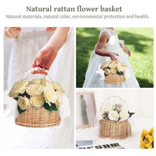 Flower Girl Basket, Wicker Rattan Wedding Flower Basket with Pearl Handle, Lace Bows and Lining, Handwoven Rustic Elegant Small Basket for Wedding Party Home Garden Decoration Outdoor Picnic