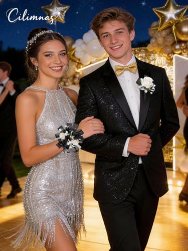 Prom Corsage and Boutonniere Set Black,Artificial Silk Rose Wrist Corsage for Homecoming, Formal Dance Party, Wedding,Graduation,Anniversary - color: Black