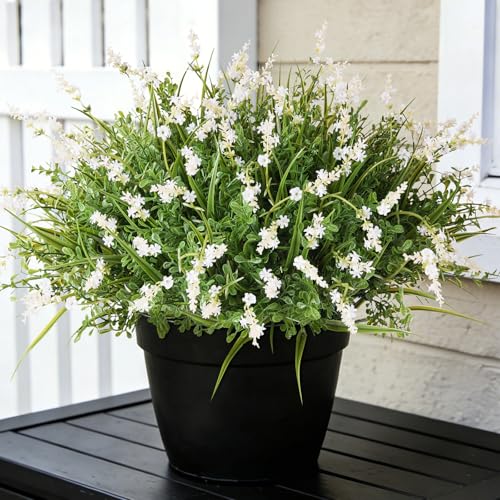 Hrobek Outdoor Faux Plants UV Resistant - 12 Bouquets Realistic Artificial Monkey Grass Greenery for Patio Garden Front Porch Decor Weatherproof Fake Plants for Outside - color: White