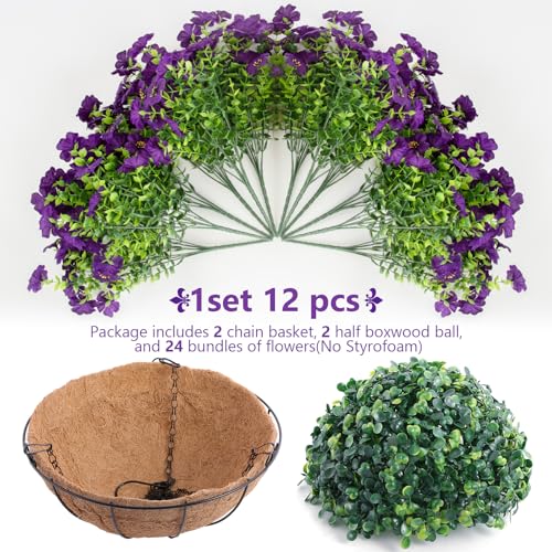 Hananona 2 Set Artificial Outdoor Flowers with Hanging Basket, 2 Hanging Planters with 24 Pcs Flowers for Spring Summer Front Porch Garden Patio Home Decor (2, Purple) - color: Purple