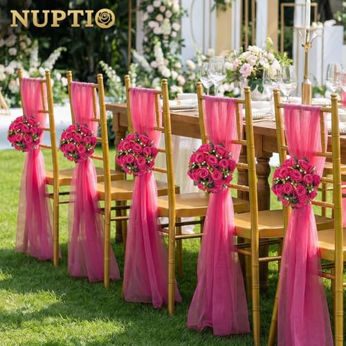 NUPTIO Flower Ball for Table Centerpieces: Hot Pink Artificial Rose Kissing Balls for Wedding Party Valentine Tables - 2 Pcs Faux Silk Floral Arrangements for Home Dining Event Decorations - color: Hot Pink, size: 2 Pcs